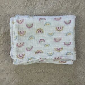 Kyle & Deena Rainbows Baby Swaddle Blanket Pink White Blue Yellow Muslin Cotton